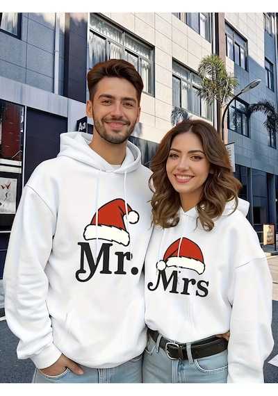 Nevermind Mr Mrs Çift Hoodie Noel Şapkalı Sevgili Kombin Kapüşonlu Sweatsh Beyaz