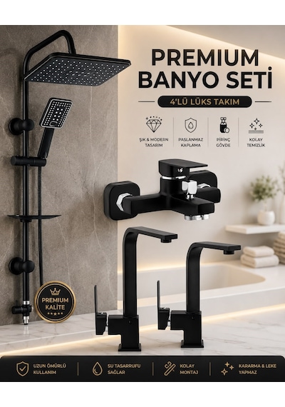 Viosa Mat Siyah Kare Model Lavabo Banyo Mutfak Bataryası Musluk Robot Duş Seti Komple Set Krom