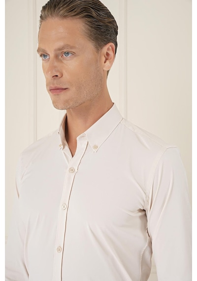 Efor Slim Fit Düğmeli Yaka Esnek Pamuk Klasik Bej Gömlek Gk 727 Bej