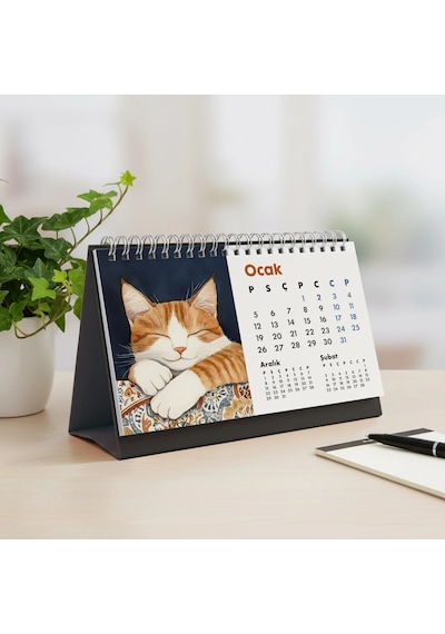 2026 Kedili Masa Takvimi Üç Aylık Takvim - Önceki Ay Sonraki Ay Kedi Severlere Hediye Siyah