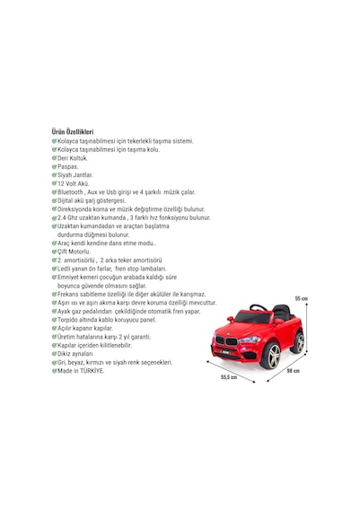 Blade Gt 12v Uzaktan Kumandalı Bluetooth Ve Usb Destekli Led Farlı Emniyet Kemerli Çocuk Akülü Araba Kırmızı