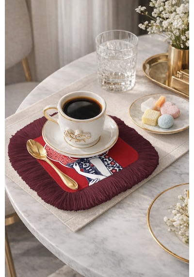 Vintage Kadın Portreli Saçaklı Sunum Peçetesi - Modern Retro Bordo Kırmızı Kahve Yanı Sunum Mendili Gün Batımı Kireçtaşı