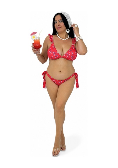 Büyük Beden Desenli Fırfır Askılı Uzun Üçgen Yandan Bağlamalı Kadın Bikini Takım