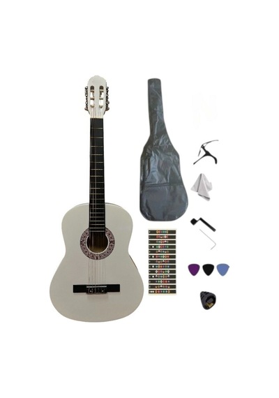 4/4 Sap Ayarlı Beyaz Klasik Gitar Seti Kılıf-pena-kapo-nota Sticker...