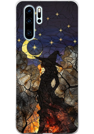 Printify Huawei P30 Pro İle Uyumlu Vitray Cadı Saati Tasarımlı Şeffaf Silikon Kılıf Şeffaf