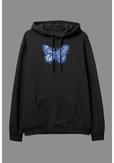 Startmore Oversize Mavi Boya Kelebek Temalı Tasarım Baskılı Unisex Kapüşonlu Sweatshirt Hoodie Beyaz Siyah