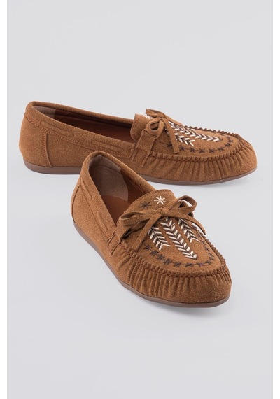 Kadın Süet Loafer Nakışlı Bağcıklı Ayakkabı Talina Taba Taba