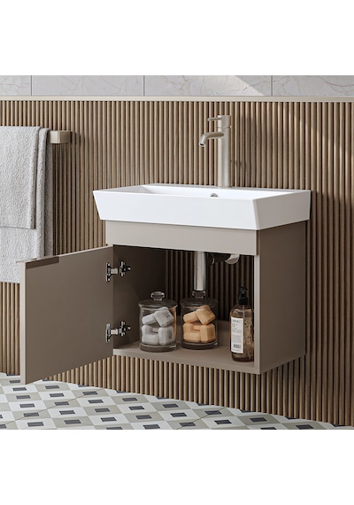 Likya Tek Kapaklı Lavabolu 59 Cm Banyo Dolabı Alt, Lavabolu Banyo Alt Dolabı Kumtaşı