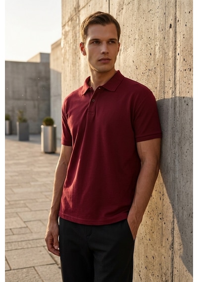 Süvari Polo Yaka Regular Kalıp Lacivert Armürlü Tişört Bordo