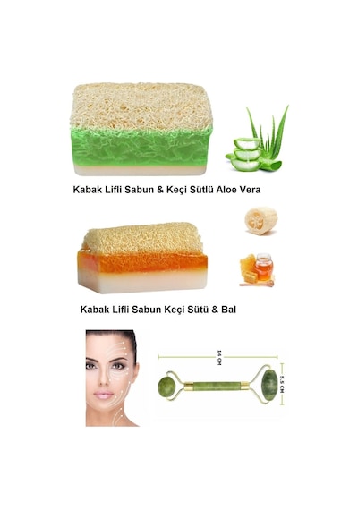 3'lü Set Doğal Kabak Lifli Keçi Sütlü Aloe Vera Özlü Ballı Sütlü Sabun Çift Taraflı Yüz Masaj Aleti