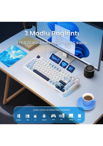 Aula Au75 3 Modlu Rgb Hot Swap Mekanik Tkl Star Vector Switch Kablosuz Makrolu Klavye Lacivert