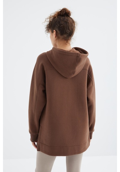 Tommy Life Kahverengi Reglan Kol Basic Kapüşonlu Oversize Sweatshirt Tunik - 97242 Kahverengi