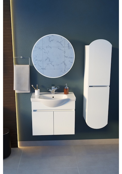 Makbulce Erciyes Havlu Dolaplı 65cm Seramik Lavabolu Mdf Oval Aynalı Banyo Dolabı Beyaz