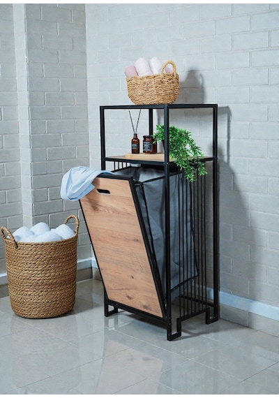 Dekoratif Kirli Sepetli Banyo Dolabı Ahşap Raflı Metal Gövdeli 2 Raflı Çamaşır Sepeti Banyo Düzenleyici Organizer Siyah Dekoratif Kirli Sepetli Banyo Dolabı Ahşap Raflı Metal Gövdeli 2 Raflı Çamaşır Sepeti Banyo Düzenleyici Organizer Siyah