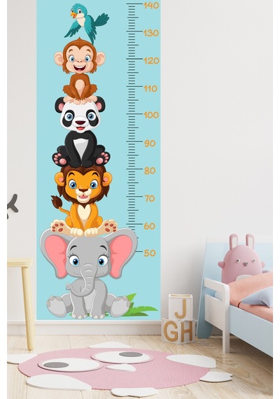 Sevimli Safari Hayvanları Boy Ölçüm Cetveli Boy Ölçer Sticker Turkuaz