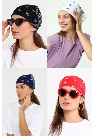 Herşey Nota 4 Adet Şal Desen Bandana Seti Siyah Lacivert Kırmızı Beyaz 1724 Çok Renkli