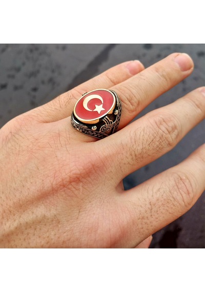 Fkgümüş Kırmızı Mineli Ay Yıldız İşlemeli Erkek Yüzük