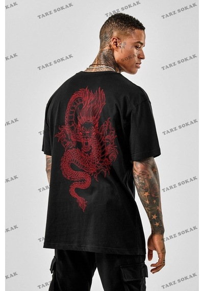 Startmore Unisex Oversize Dragon Baskılı Beyaz Siyah