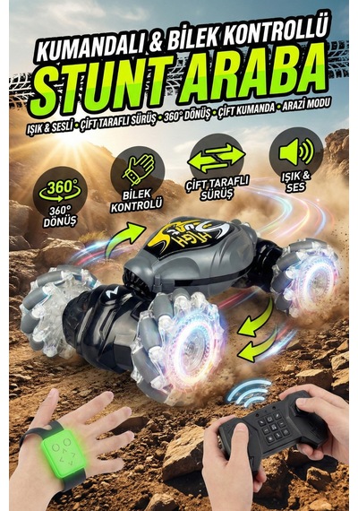 El Hareket Sensörlü Uzaktan Kumandalı Akrobat Araba 4x4 Işıklı Müzikli Çift Yönlü Drift Stunt Car Gri
