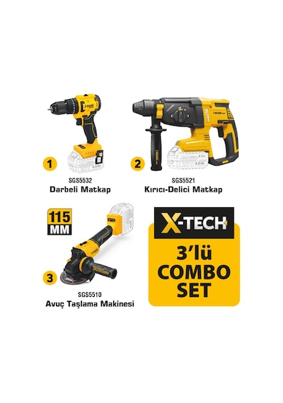 Sgs SGS5532 20 Volt 4 Amper Akülü Vidalama Matkap + SGS5521 Kırıcı Delici + SGS5510  Avuç Taşlama Combo Set 3 Parça