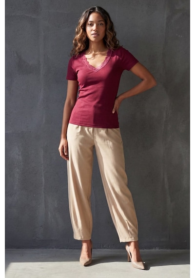 Bordo V Yaka Dantelli Slim Fit Kadın Tişört Mg2683 Bordo