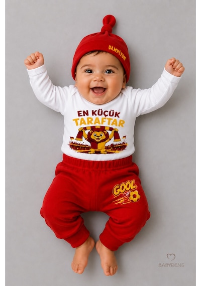 Babyden's %100 Pamuk Sarı Kırmızı En Küçük Taraftar 3'lü Yenidoğan Bebek Takımı Uzun Kollu Body Pantolon Şapka Seti