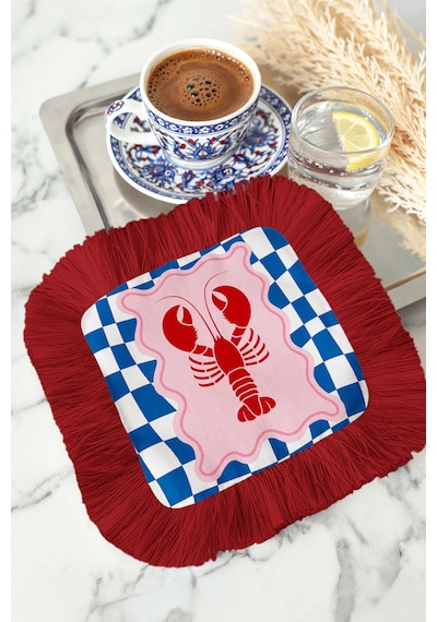 Lobster Temalı Saçaklı Bohem Sunum Peçetesi - Denizcilik Stil Kırmızı Mavi Bardak Altlığı Mendil Çok Renkli