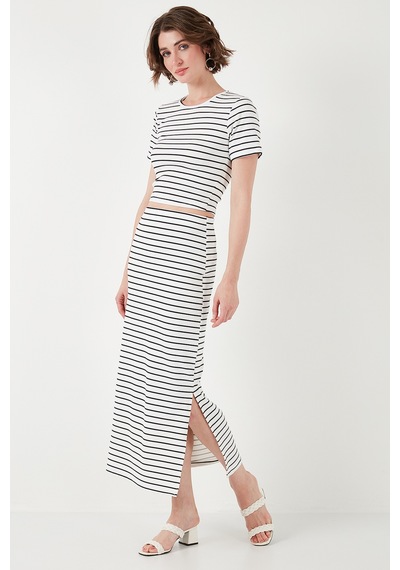 Lela Çizgili Slim Fit Bisiklet Yaka Yırtmaçlı Midi Boy Etekli Crop Bayan Takım 5866132 Beyaz-Siyah