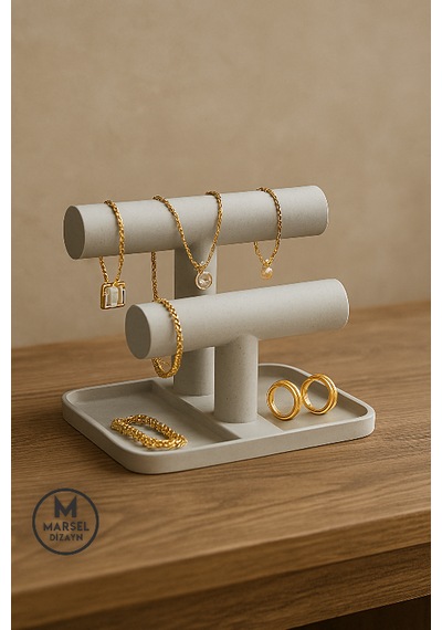 Marsel Dizayn Şık Ve Modern Çok Amaçlı Takı Düzenleyici Stand - Takı Organizeri - Mermer Beyazı - 16 Cm Mermer Beyazı