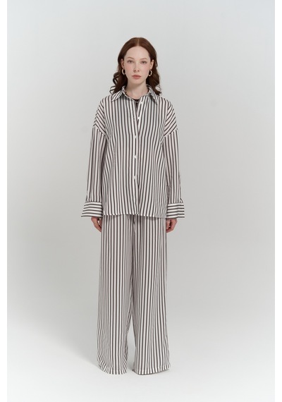 Mai Collection Mai Studios Co. Beatrix Kahve Çizgili Ekru Gömlek Pantolon Takım Kahve