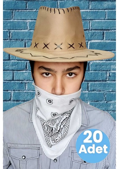Uniquetrenders Çocuk Unisex Bandanalı 20'li Nubuk Kovboy Şapkası 8-14 Yaş Koyu Bej 1