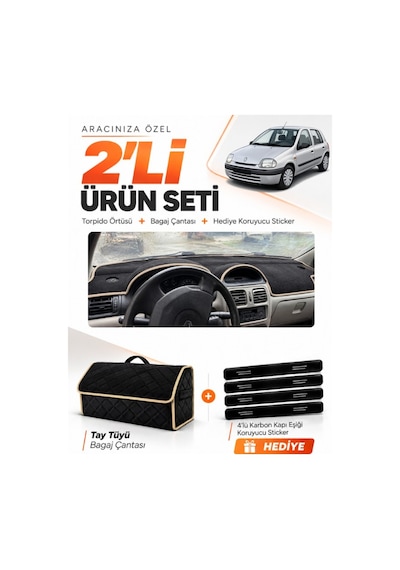Renault Clio 2 Ekranlı 1998-2001 Uyumlu Torpido Örtüsü + Tay Tüyü Bagaj Çantası Seti - Siyah Bej