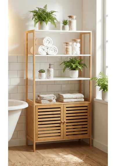 Bambu Çok Amaçlı Raflı Banyo Düzenleyici 2 Kapaklı Dolap Bej