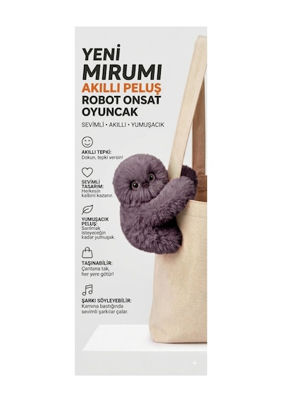 Mirumi Akıllı Peluş Robot Oyuncak - Ses Algılayan Dokunmaya Duyarlı Çantaya Tutunan İnteraktif Peluş Gri