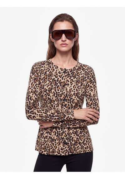 Koton Slim Bisiklet Yaka Uzun Kollu Leopar Desenli Peplum Hırka Bej Desenli 7wak30126ek Ekru