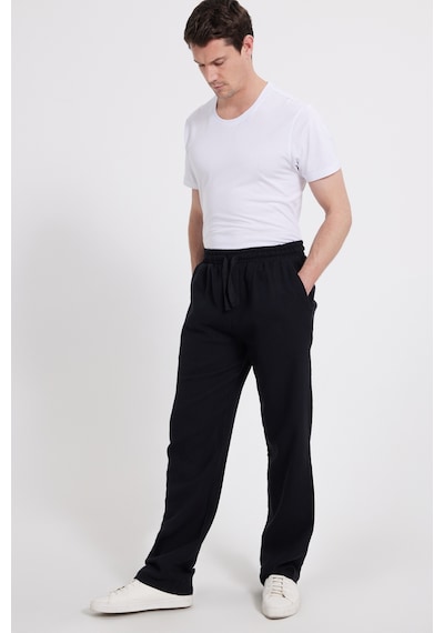 Tudors Erkek Baggy Fit Geniş Kesim %100 Pamuk Beli Lastikli Yandan Cepli Müslin Siyah Düz Pantolon-46259