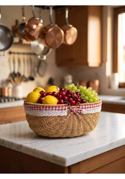 Piknik Sepeti Oval Hasır Detaylı 38 Cm Krem