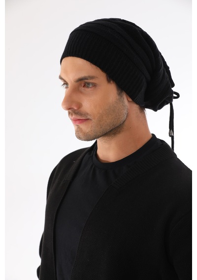 Ritagarcia Unisex Arkası İpli Büzgülü Triko Bere Kışlık Dökümlü Slouchy Beanie Bere Siyah