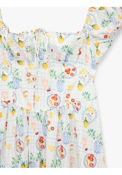 Koton Koton X Şahika Ercümen - Amalfi Temalı Limon Baskılı Kareli Kısa Balon Kollu Omzu Açık Poplin Midi Elbise Mavi Desenli 6sak80280ew
