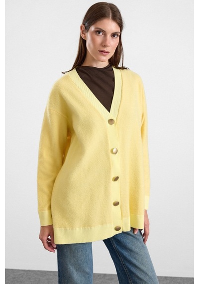 Olcay V Yaka Soft Kumaş Hırka Sarı 8295