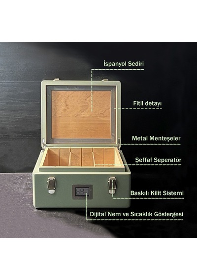 Mezmob İspanyol Sedir Humidor Puro Kutusu Baskı Kilitli Fitilli Haki Yeşil Lake Boya Dijital