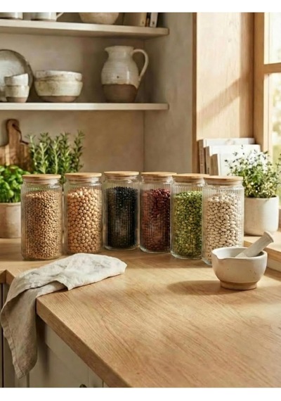 Bambu Vakum Kapaklı Cam Saklama Kabı, Şeffaf, 1500 Ml, 16cm Yükseklik, 11cm Genişlik, 6'li Set