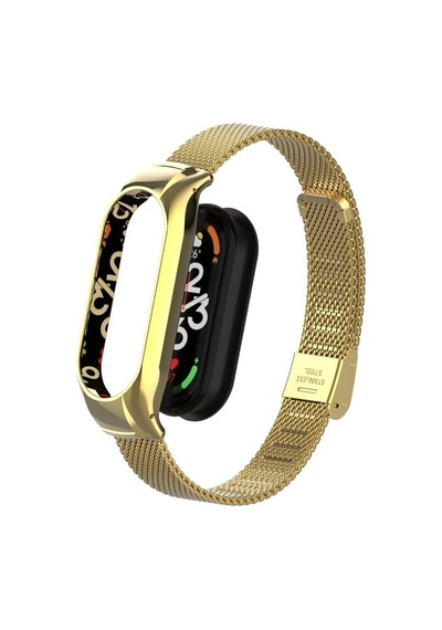 Mi Band 7 İle Uyumlu Hasır Metal Kordon, Kasa Koruma 2 İn 1, Klipsli Tel Örgü Kayış, Altın, Krd-06-mi-band-7-gold