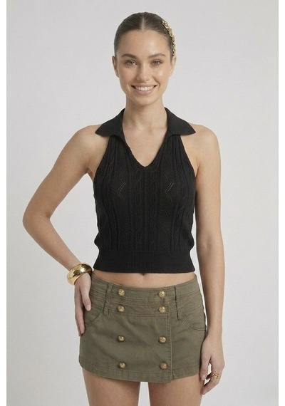 Neden Tekstil Kadın Polo Yaka Sırt Dekolteli Crop Bluz - Siyah