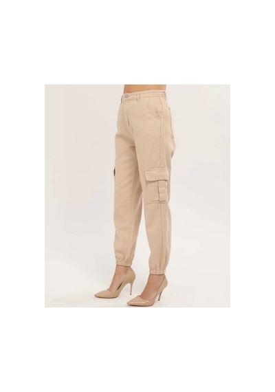 Kene Jeans Paça Lastik Kargo Cep Keten Mom Pantolon Bej