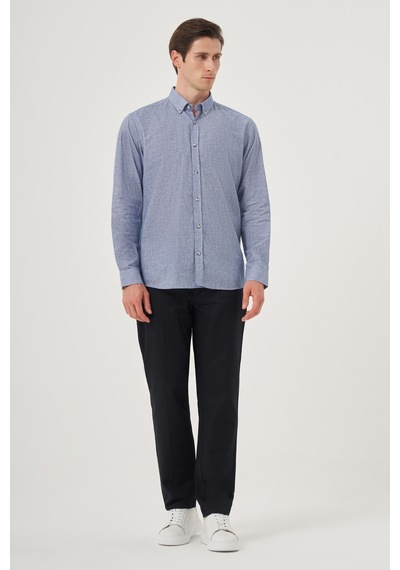 Morven Erkek Mavi Keten Trend Desenli Regular Fit Düğmeli Yaka Gömlek 25ys004027300 Mavi Mavi