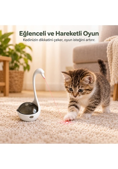 Lazerli Mama Hazneli İnteraktif Kedi Oyuncağı, Ödül Mamalı Kuğu Tasarım, Pilli Hareketli Lazer Oyuncak, Zihinsel Uyarım Ve Egzersiz İçin Kedi Aktivite Oyuncağı, Piller Dahil Beyaz