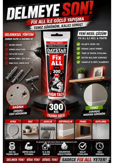 Fix All High Tack 300 Kg Güçlü Yapıştırıcı Beyaz Delmeden Montaj, Ahşap Metal Cam Seramik Pvc Çok Çok Renkli