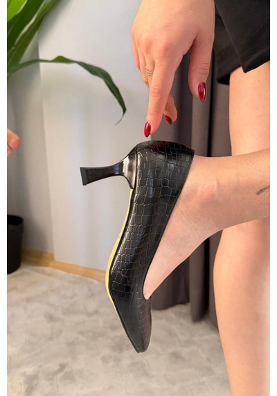 Preshley Kadın Sity Siyah Kroko 6 Cm İnce Topuklu Stiletto Siyah