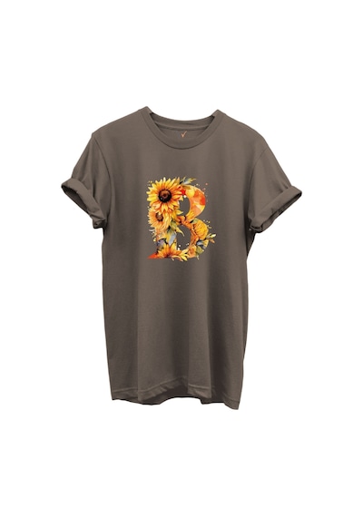 Ayçiçek Desenli B'' Harfi Baskılı %100 Pamuk Regular Fit Unisex T-shirt Kahverengi